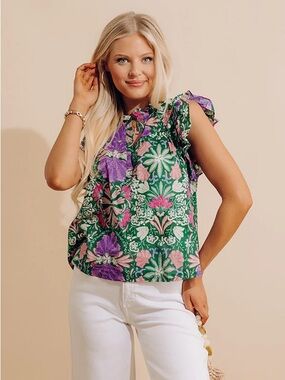 Olivacious Lush Escape Green Floral Cotton Top - Small